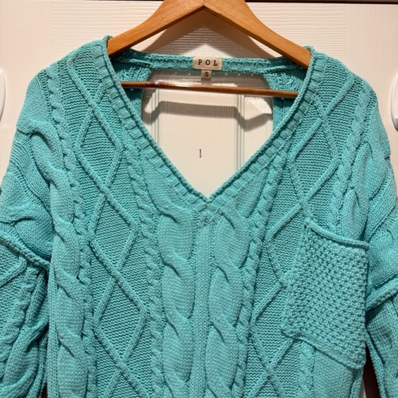 POL Cable Knit Sweater Women’s Small Open Back Tie Green Boho Colorful Pocket - Picture 3 of 10